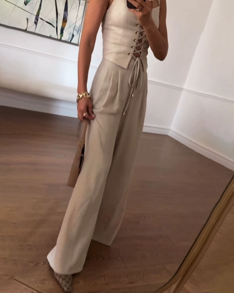 Tracy - Elegant Front Lace Up Top and Wide Leg Pants Set