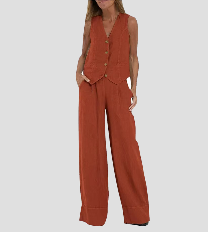 Jamil - Stylish Button Down Vest and Wide Leg Pants Set