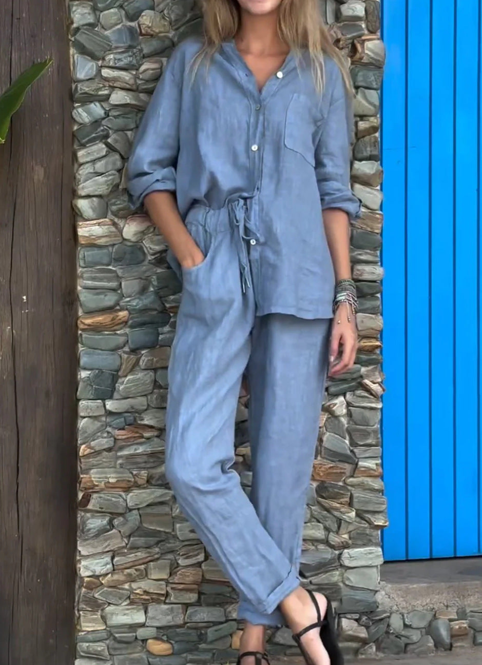 Juriel - Stylish V-Neck Shirt and Pants Set