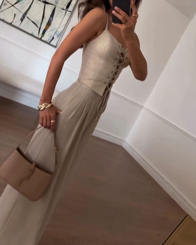 Tracy - Elegant Front Lace Up Top and Wide Leg Pants Set